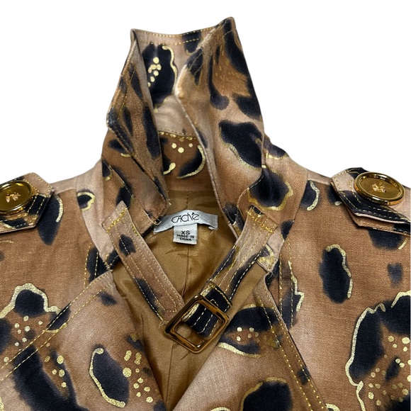 Cache Leopard Print Belted Double Breasted Trench Jacket with Gold Accents XS - Picture 9 of 12